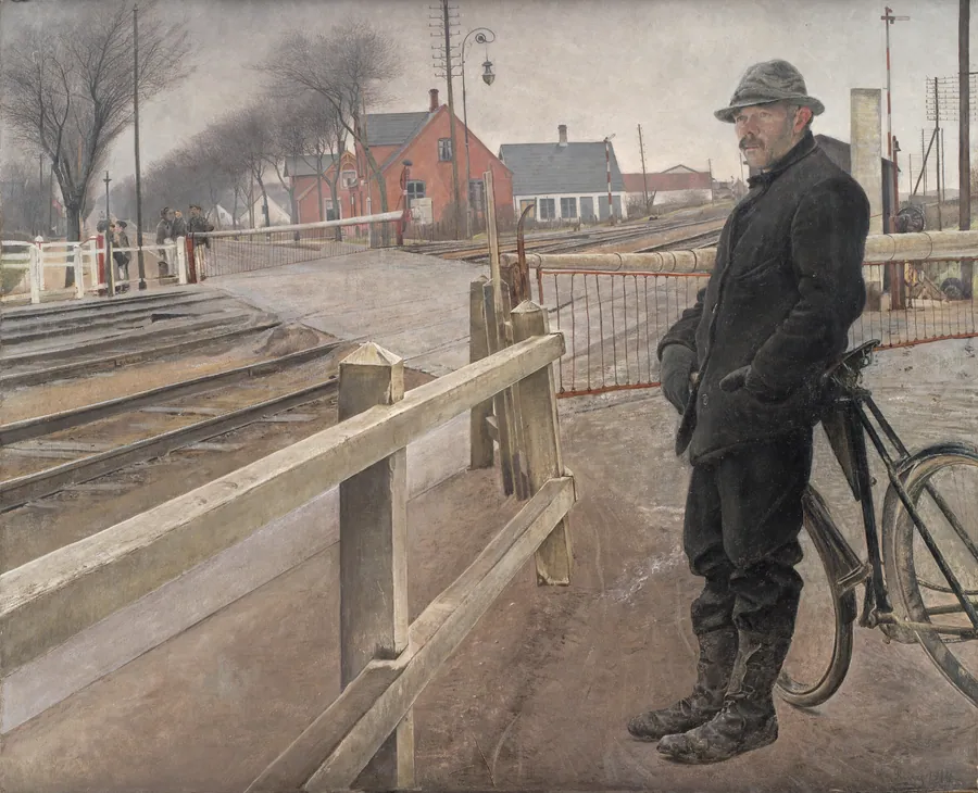 Når toget ventes. Jernbaneoverkørsel ved Roskilde Landevej by L.A. Ring