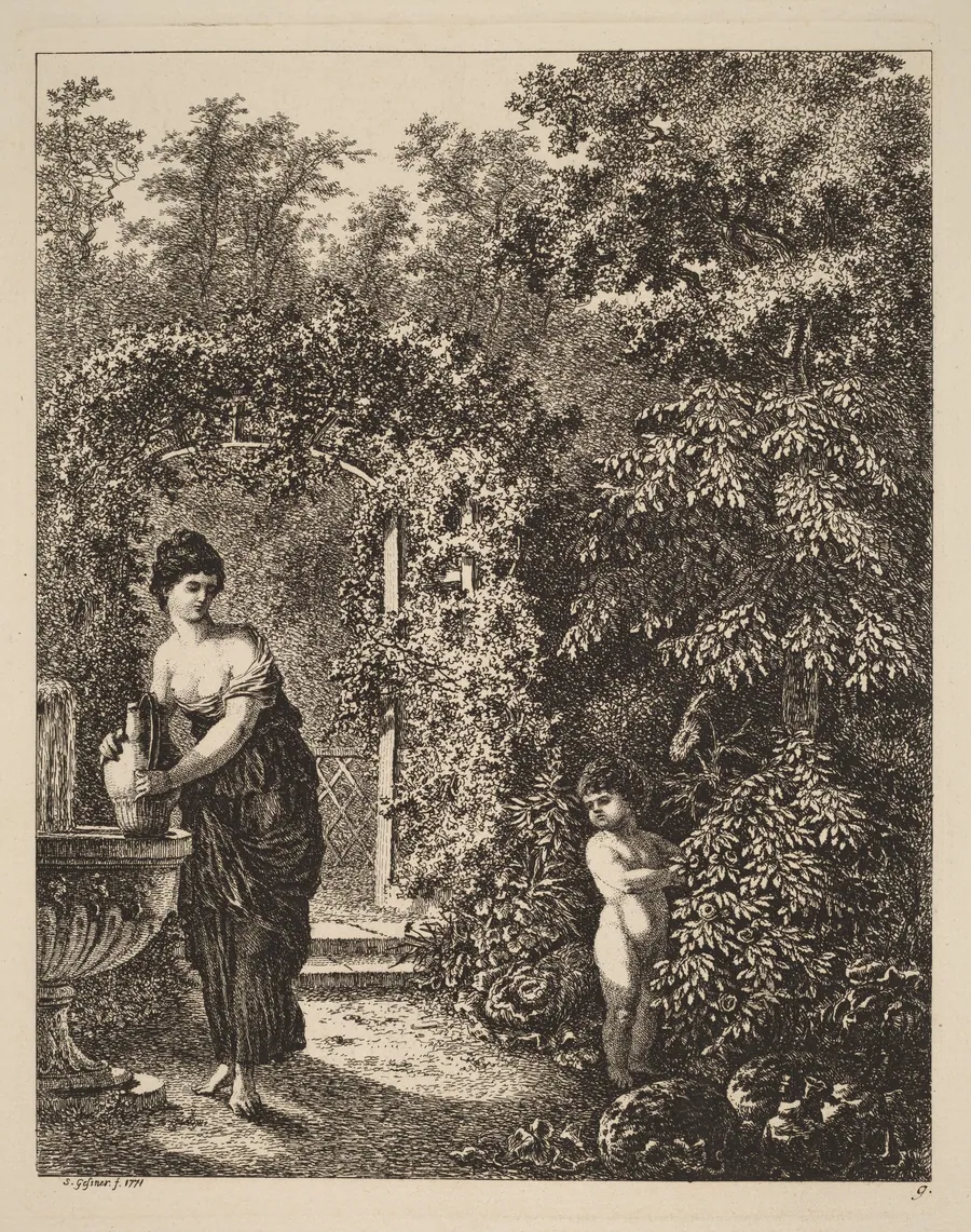 Putto Visiting a Girl at a Fountain by Salomon Gessner