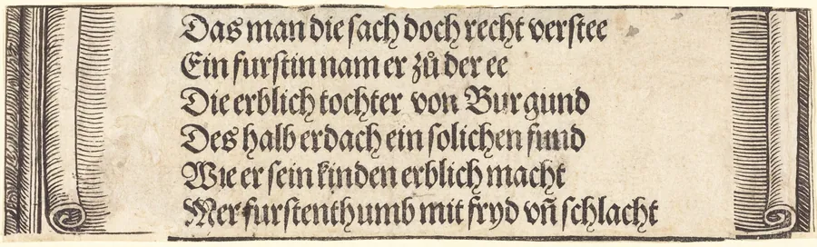 Printed text for "The Betrothal of Maximilian with Mary of Burgundy" by Albrecht Dürer