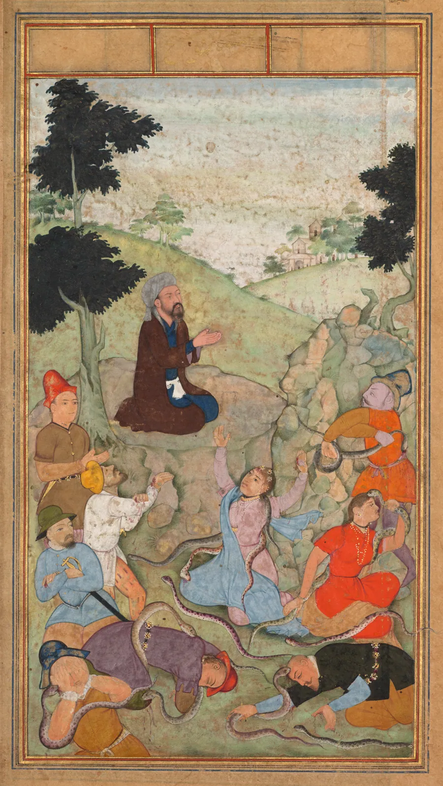 Moses praying to end the serpents’ attack on the Israelites (folio 63 verso), from a Mirror of Holiness (Mir’at al-quds) of Father Jerome Xavier