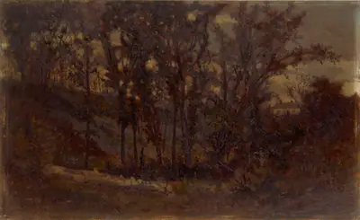 Untitled (forest scene, fallen tree in foreground and house in background)