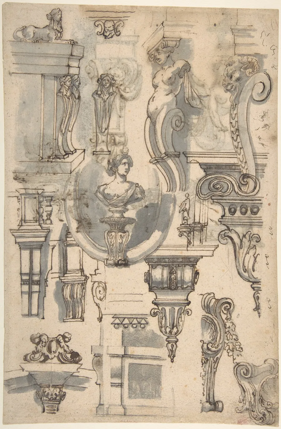 Brackets, Caryatids and other Architectural Details (recto and verso) by Gilles-Marie Oppenord