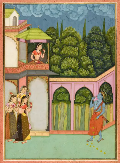 Krishna approaches Radha, folio from a <em>Rasikpriya</em>