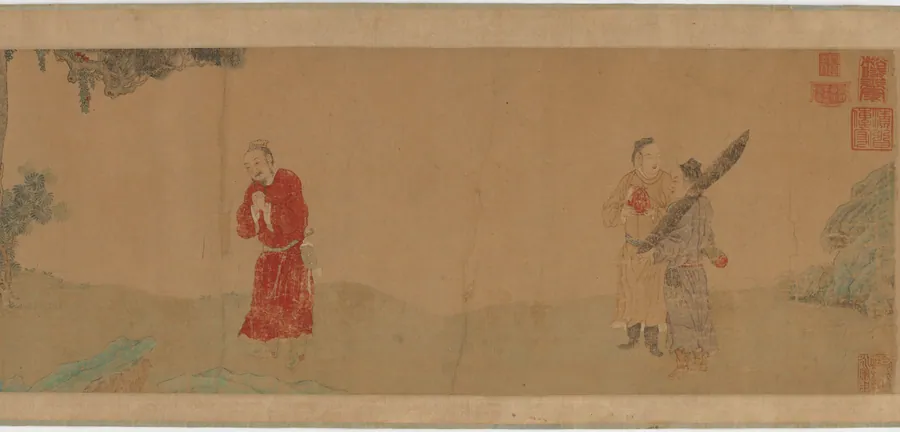 Emperor Shi Le reverencing a buddhist monk by Formerly attributed to Qian Xuan 錢選 (late 13th century)