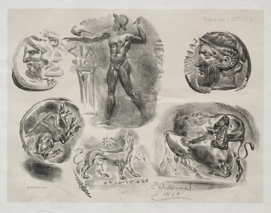 Sheet with Six Antique Medals by Eugène Delacroix