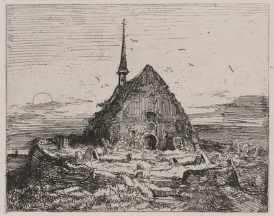 Old Church and Cemetery with Setting Sun