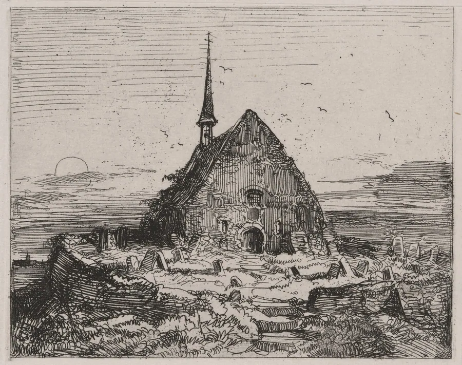 Old Church and Cemetery with Setting Sun by Caspar Johann Nepomuk Scheuren