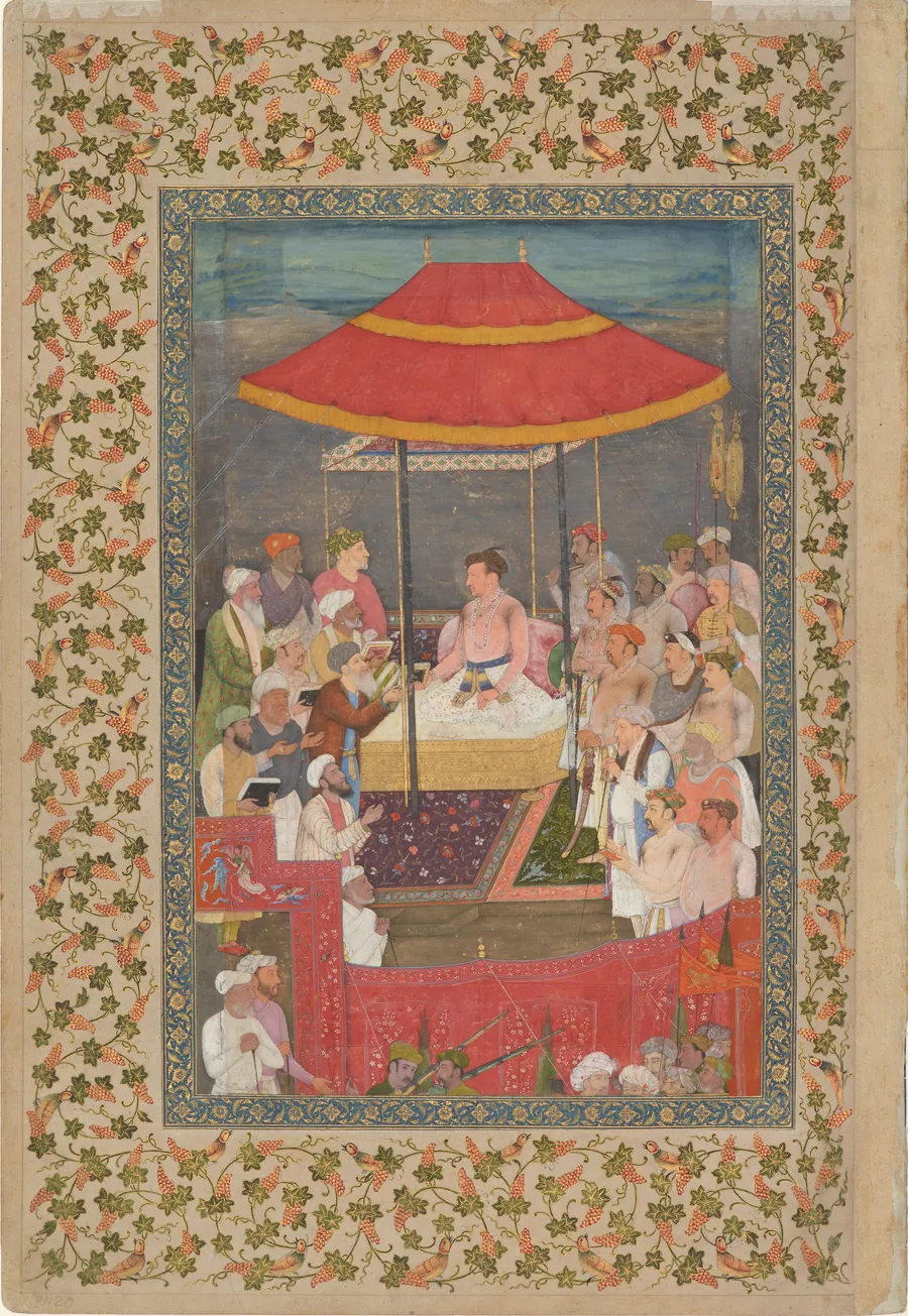 Jahangir Giving Books to Shaykhs, from the St. Petersburg Album by Attributed to Lalchand