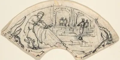 Design for a Cup(?) with a Man Putting up a Net