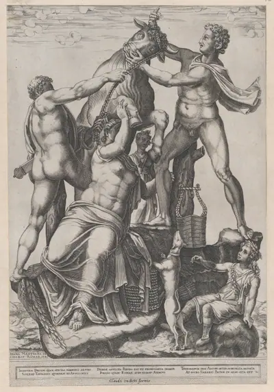 Speculum Romanae Magnificentiae: Amphion and Zethus Tying Dirce to a Wild Bull [The Farnese Bull]