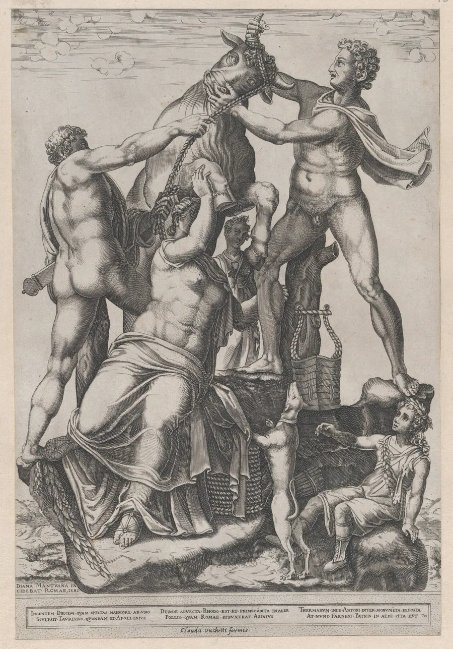 Speculum Romanae Magnificentiae: Amphion and Zethus Tying Dirce to a Wild Bull [The Farnese Bull] by Diana Scultori