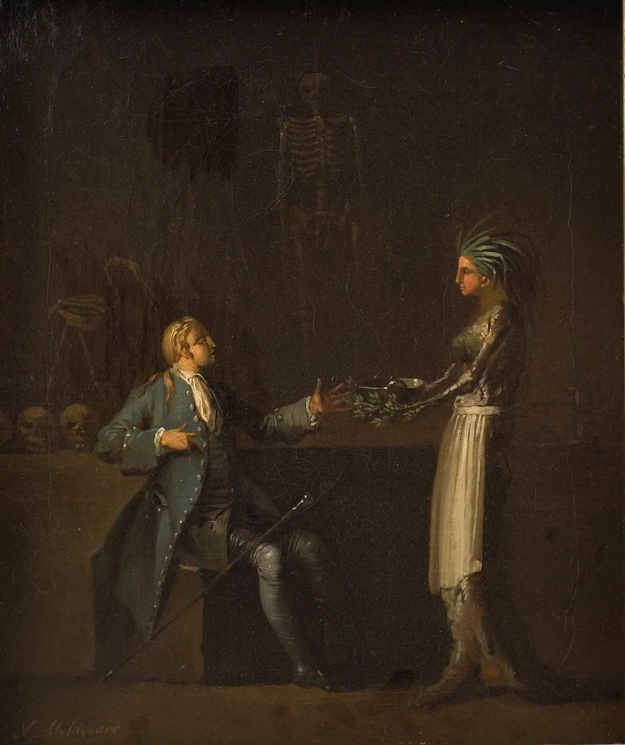 Lægens hustru røber, at hendes mand vil anatomere Niels Klim til videnskabens fremme by Nicolai Abildgaard