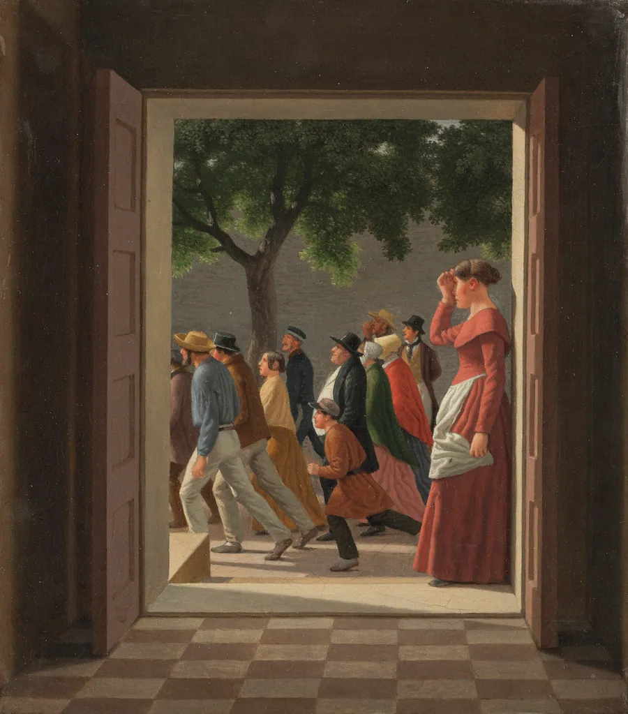 Udsigt gennem en dør til løbende figurer by C.W. Eckersberg