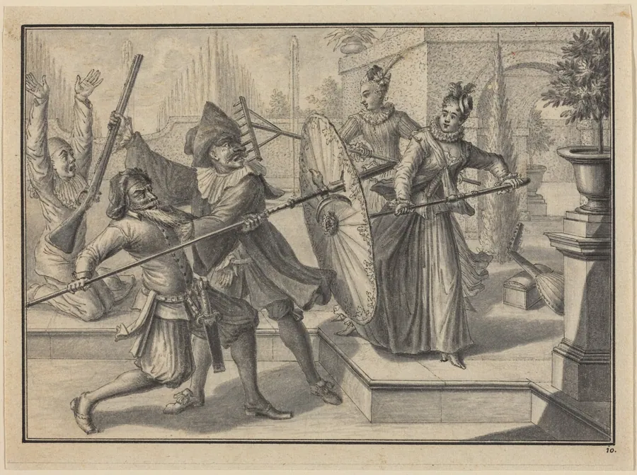 Pantaloon and the Doctor Fighting with Columbine and Brigatella in the Garden by Johann Jacob Schübler