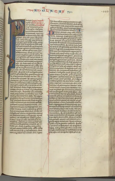 Fol. 449r, Galatians, historiated initial P, Paul seated with a sword, talking to the bust of God above