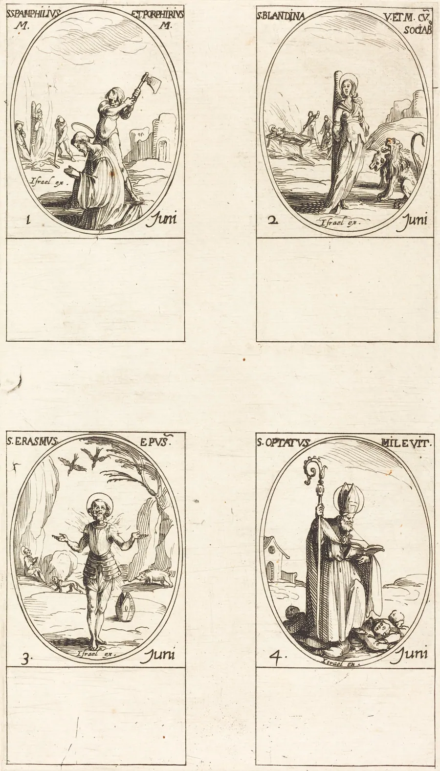 Sts. Pamphilius and Porphyrius; St. Blandina and Companions; St. Erasmus; St. Optatus by Jacques Callot