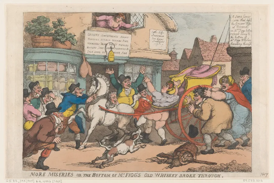 More Miseries: The Bottom of Mr Figg's Old Whiskey Broke Through by Thomas Rowlandson