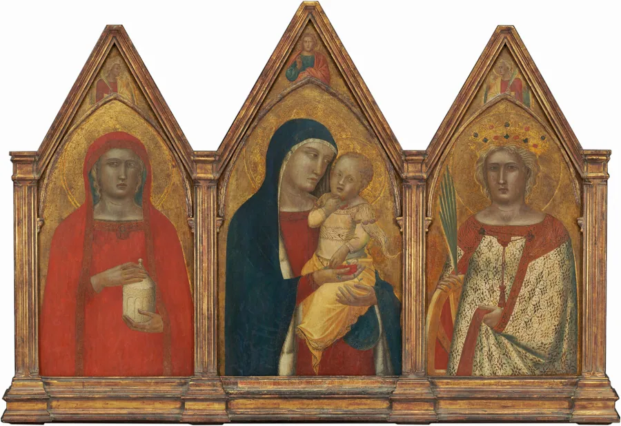 Madonna and Child with the Blessing Christ, and Saints Mary Magdalene and Catherine of Alexandria with Angels [entire triptych] by Pietro Lorenzetti