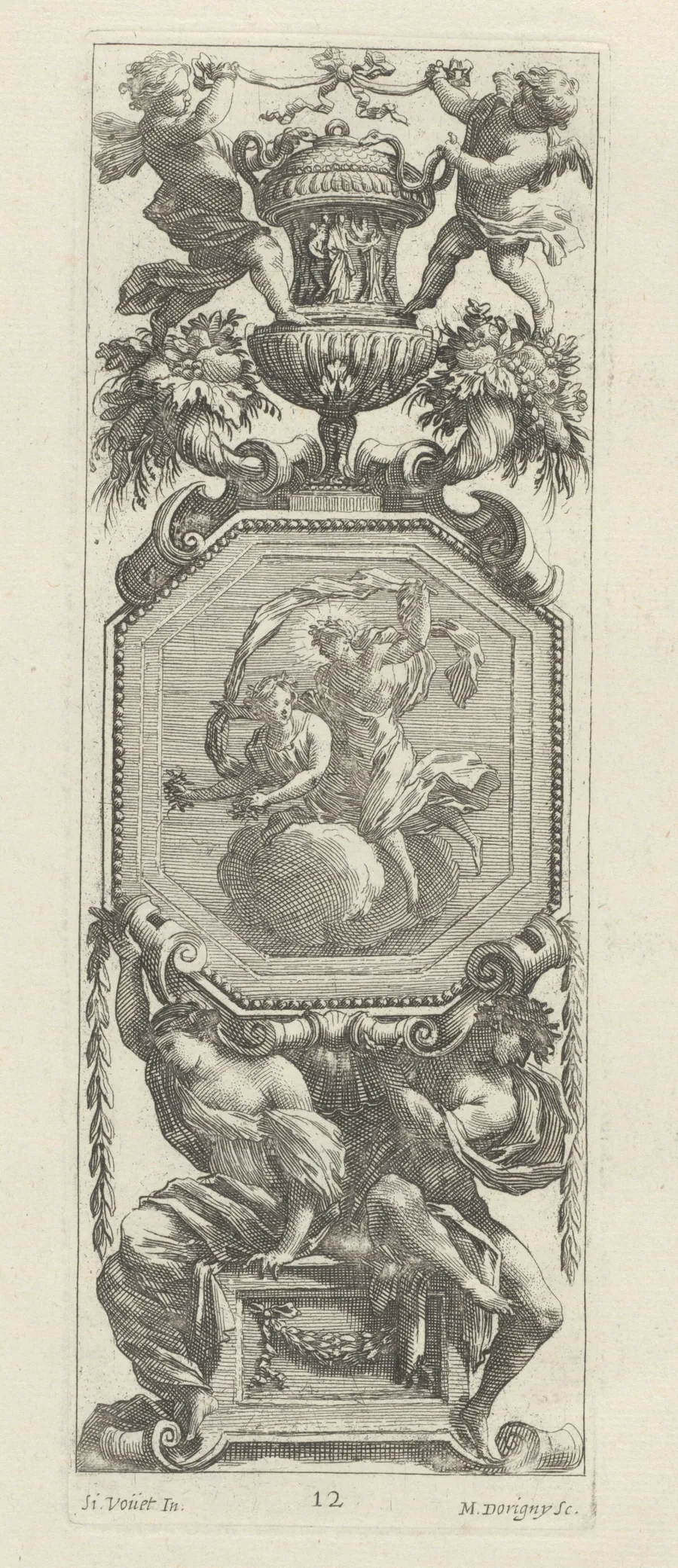 Ornamental Panel Surmounted by Two Putti and a Vase by Michel Dorigny