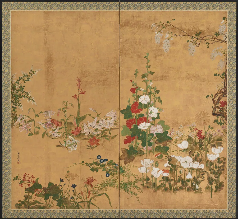 Flowers 花木図屏風 by Watanabe Shiko 渡辺始興 (1683-1755)