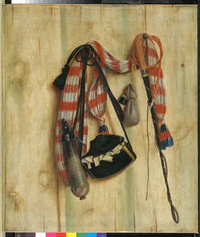 Trompe l'oeil med ridepisk og brevtaske