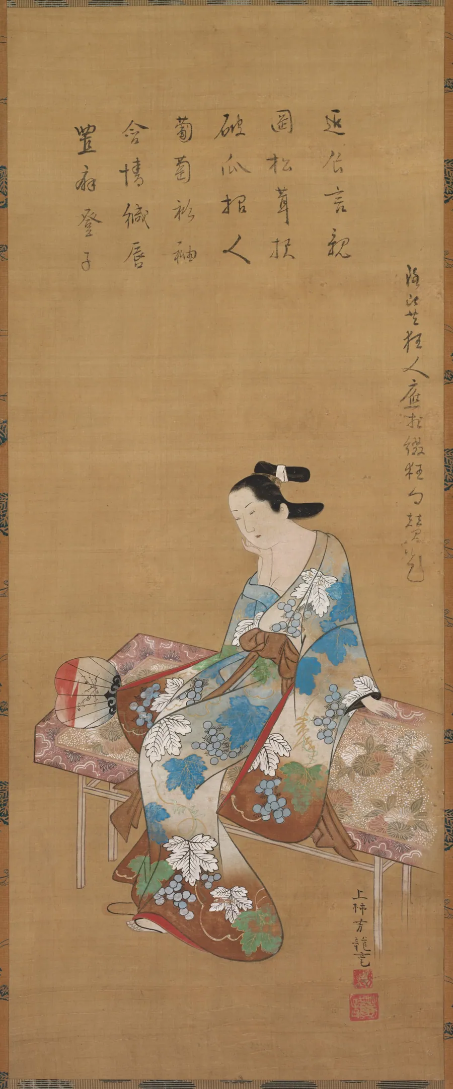 Courtesan Seated on a Bench Enjoying the Evening Cool in Summer by Kamigaki Hōryū
