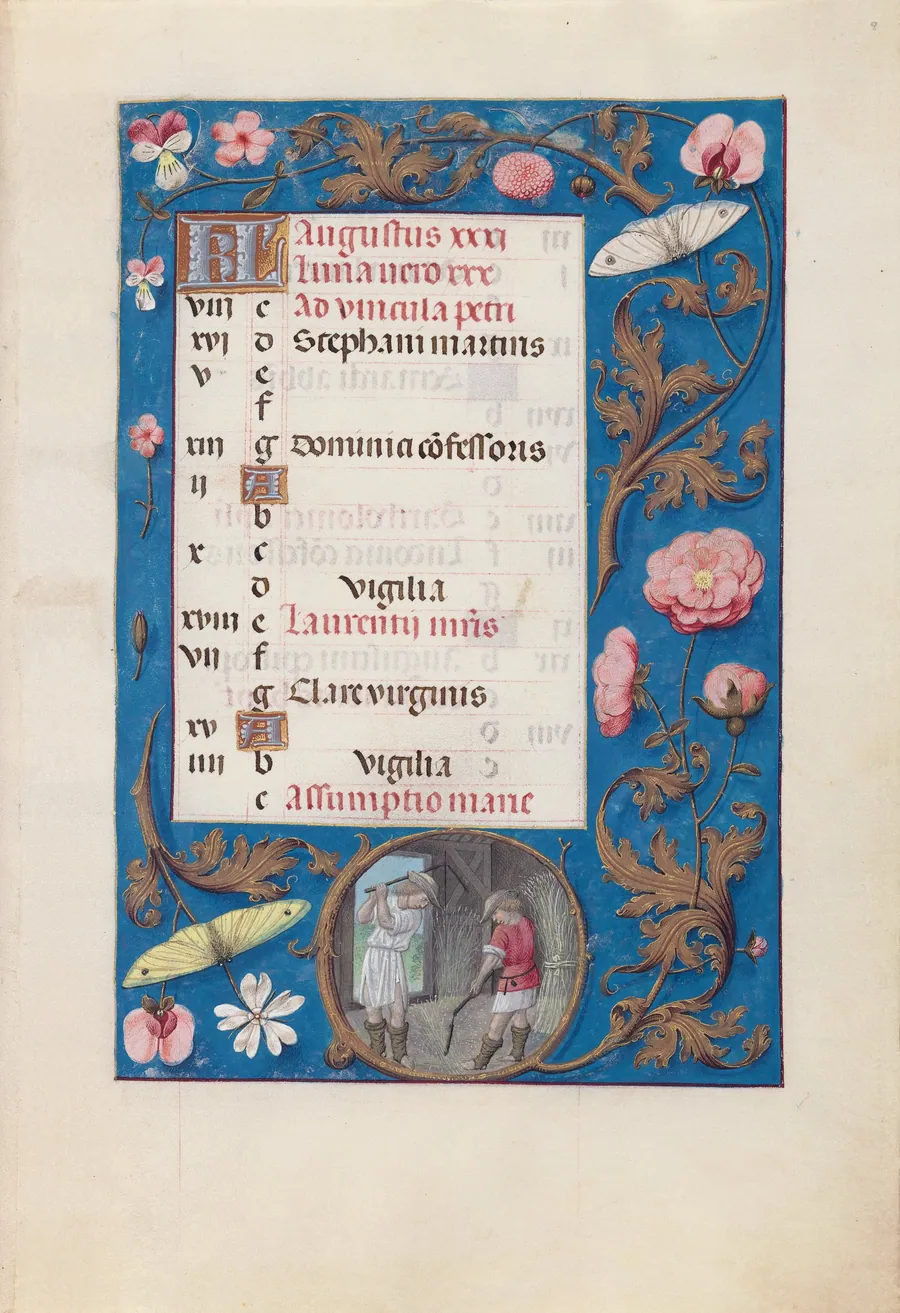 Hours of Queen Isabella the Catholic, Queen of Spain:  Fol. 9r, August - Threshing Wheat by Master of the First Prayerbook of Maximillian