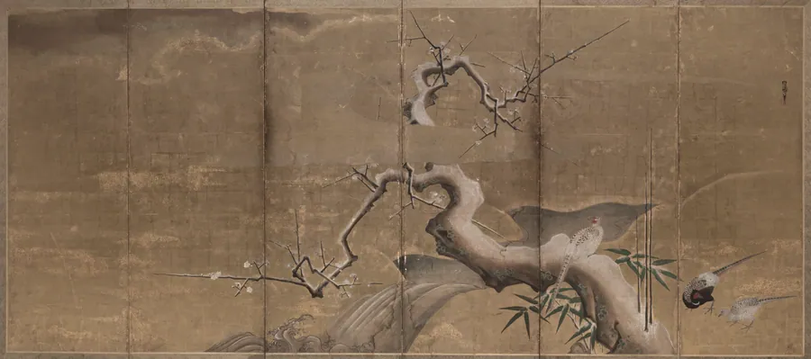 Winter Scene with Plum Trees and Pheasants (Birds Left) by Kano Naonobu