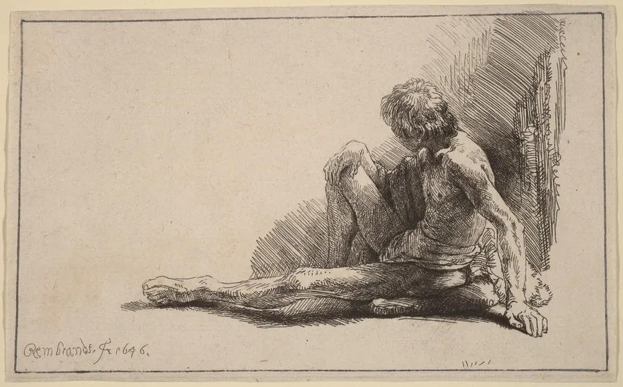 Nude Man Seated on the Ground with One Leg Extended by Rembrandt van Rijn