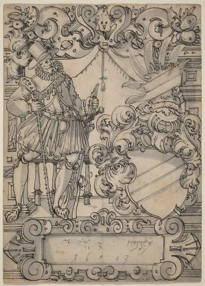 A Donor with a Coat of Arms (Schildbegleiter und Wappenschild mit Schrägbalken)