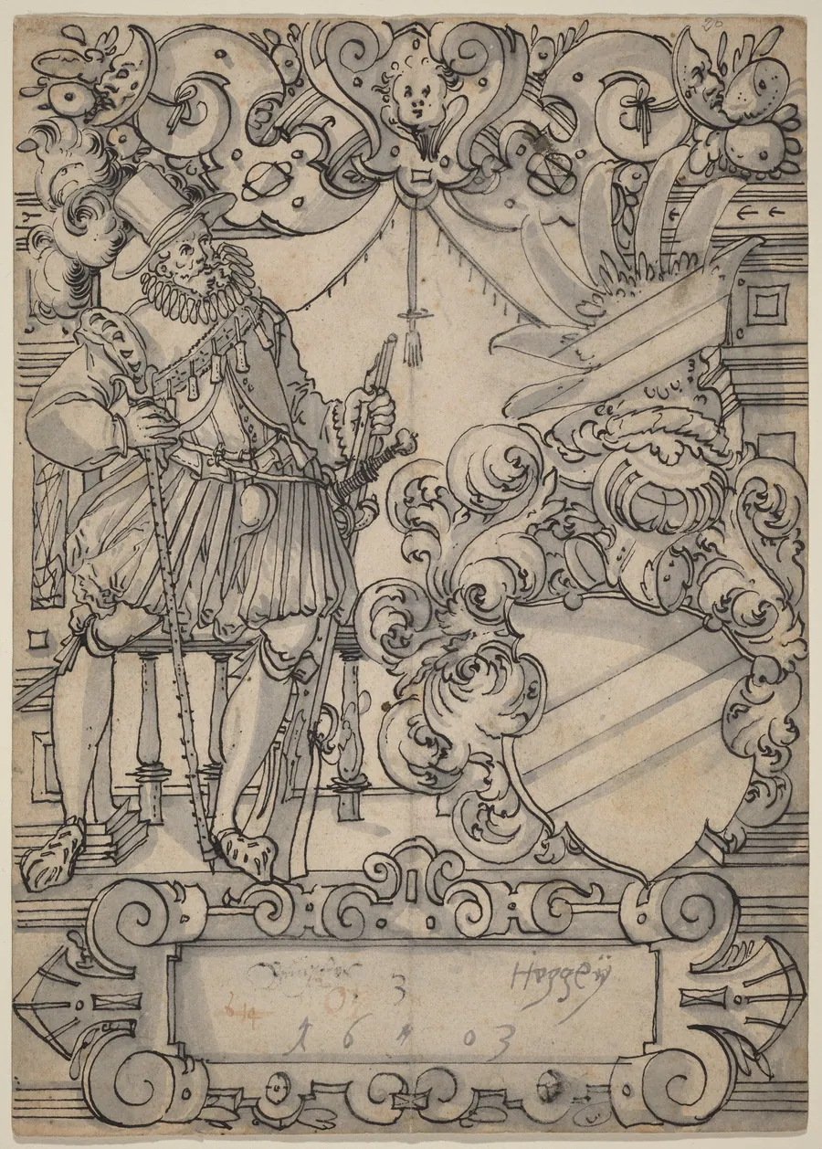 A Donor with a Coat of Arms (Schildbegleiter und Wappenschild mit Schrägbalken) by Hans Jegli II