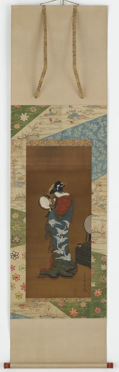 A courtesan looking into a hand mirror