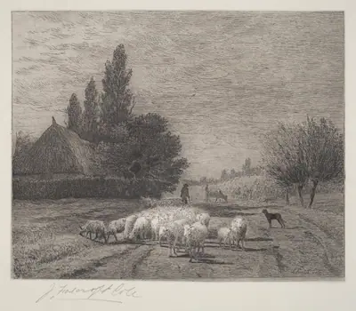 Village Street in France With a Flock of Sheep