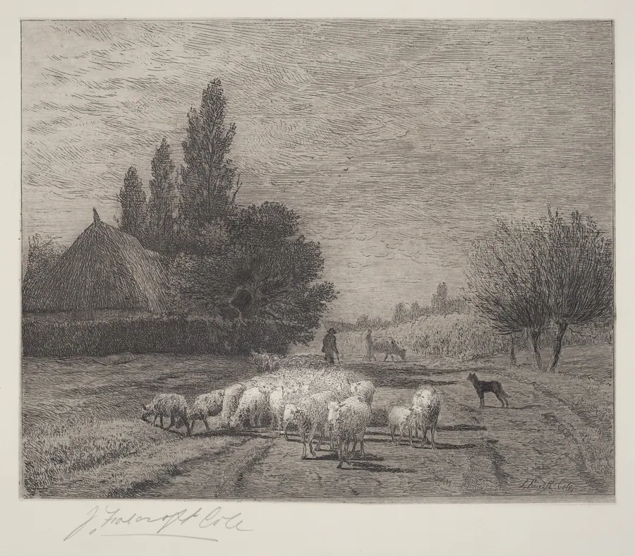 Village Street in France With a Flock of Sheep by Joseph Foxcroft Cole
