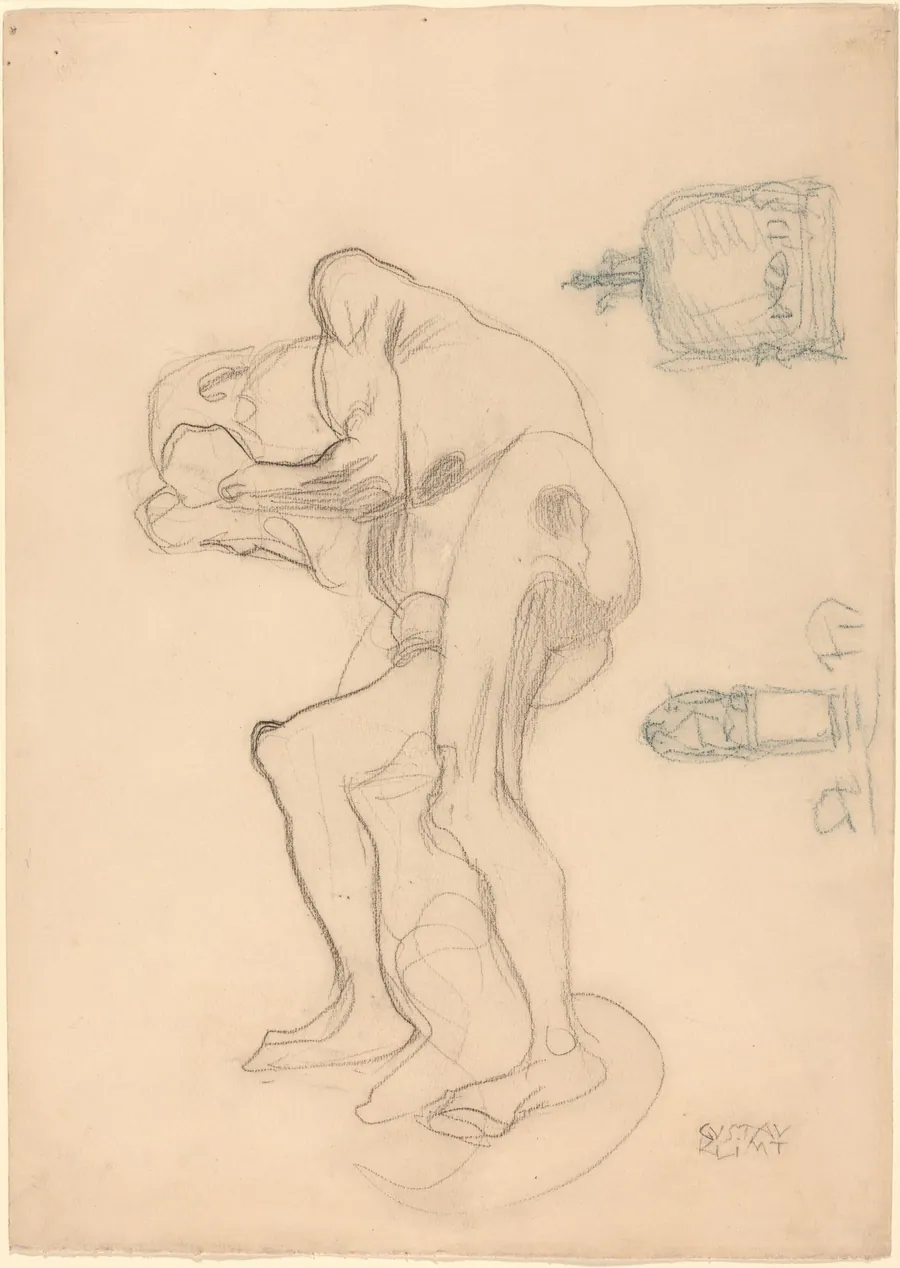 Study of a Nude Old Woman Clenching Her Fists, and Two Decorative Objects by Gustav Klimt