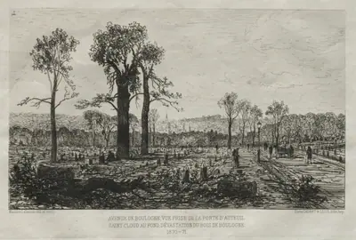 Souvenirs artistiques du Siége du Paris: Avenue de Boulogne, Vue Prise de la porte d'Auteuil, St. Cloud au fond, Dévastation du Bois de Boulogne