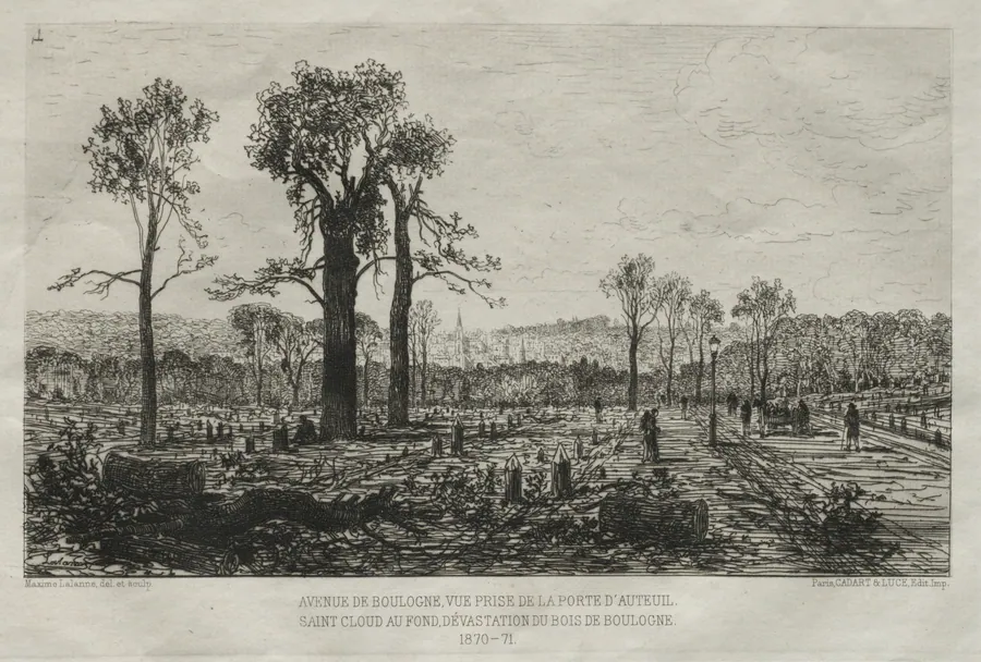 Souvenirs artistiques du Siége du Paris: Avenue de Boulogne, Vue Prise de la porte d'Auteuil, St. Cloud au fond, Dévastation du Bois de Boulogne by Maxime Lalanne