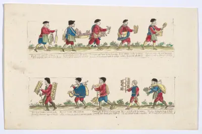Plate 6 depicting the trades of Rome,here including vendors of lamps, shirt collars, turtles etc, from the 'Descrición de las artes que se llaman para los calles de la ciudad de Roma'
