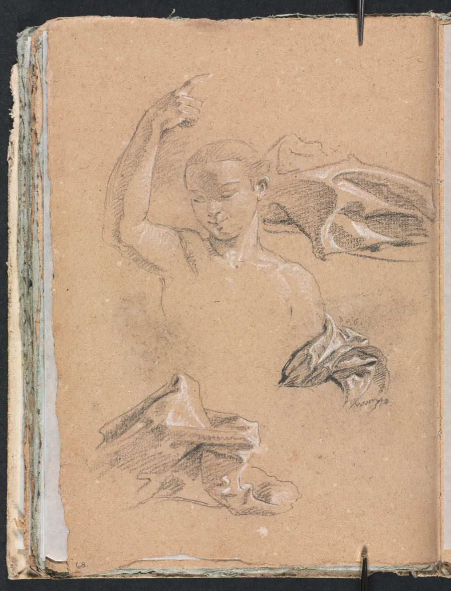 Verona Sketchbook: Figure with upraised right arm and drapery studies (page 68) by Francesco Lorenzi