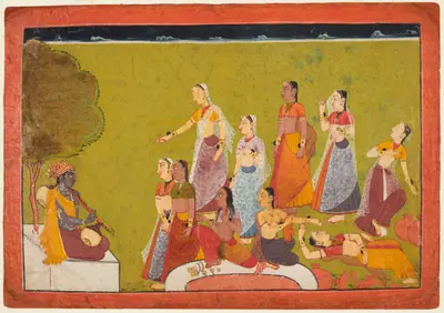 A group of women in ecstasy before Madhava, folio 4 from a Madhavanala-Kamakandala