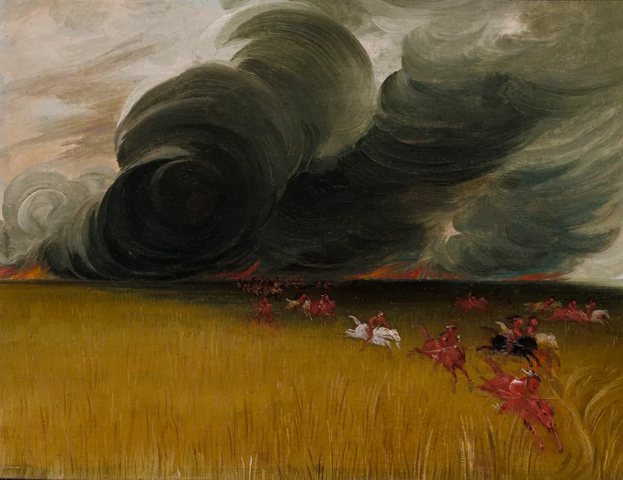 Prairie Meadows Burning by George Catlin, born Wilkes-Barre, PA 1796-died Jersey City, NJ 1872