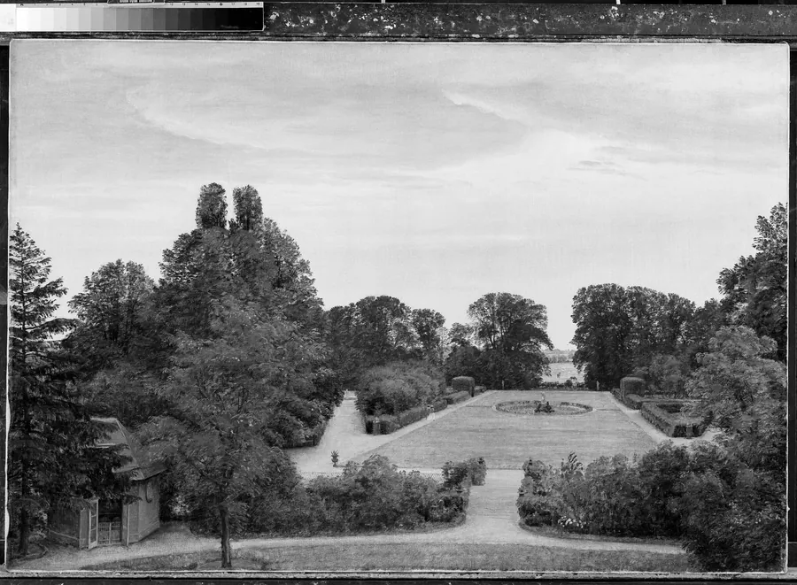 Parken ved Nysø. Til venstre Thorvaldsens atelier by P.C. Skovgaard