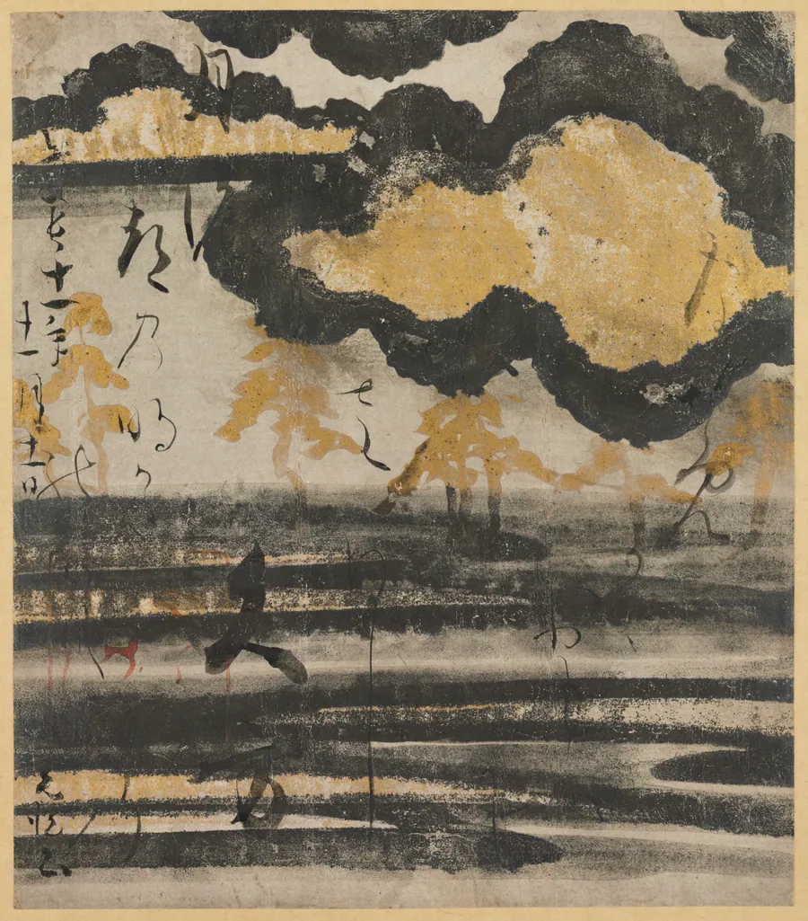 Poem-card from the Shinkokin wakashu (New Collection of Japanese Poems from Ancient and Modern Times) with Design of Pine on a Beach by Tawaraya Sōtatsu