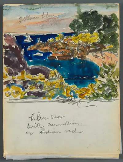 Sketchbook- The Granite Shore Hotel, Rockport, page 024 & 25: Harbor View with Color Notations