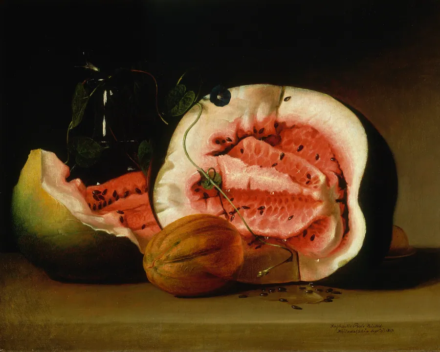 Melons and Morning Glories by Raphaelle Peale, born Annapolis, MD 1774-died Philadelphia, PA 1825