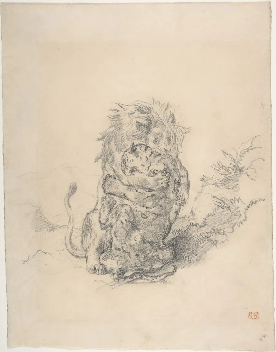 A Lion and a Tiger, Fighting by Eugène Delacroix