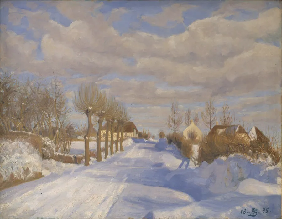Snedækt landevej i solskin by Fritz Syberg