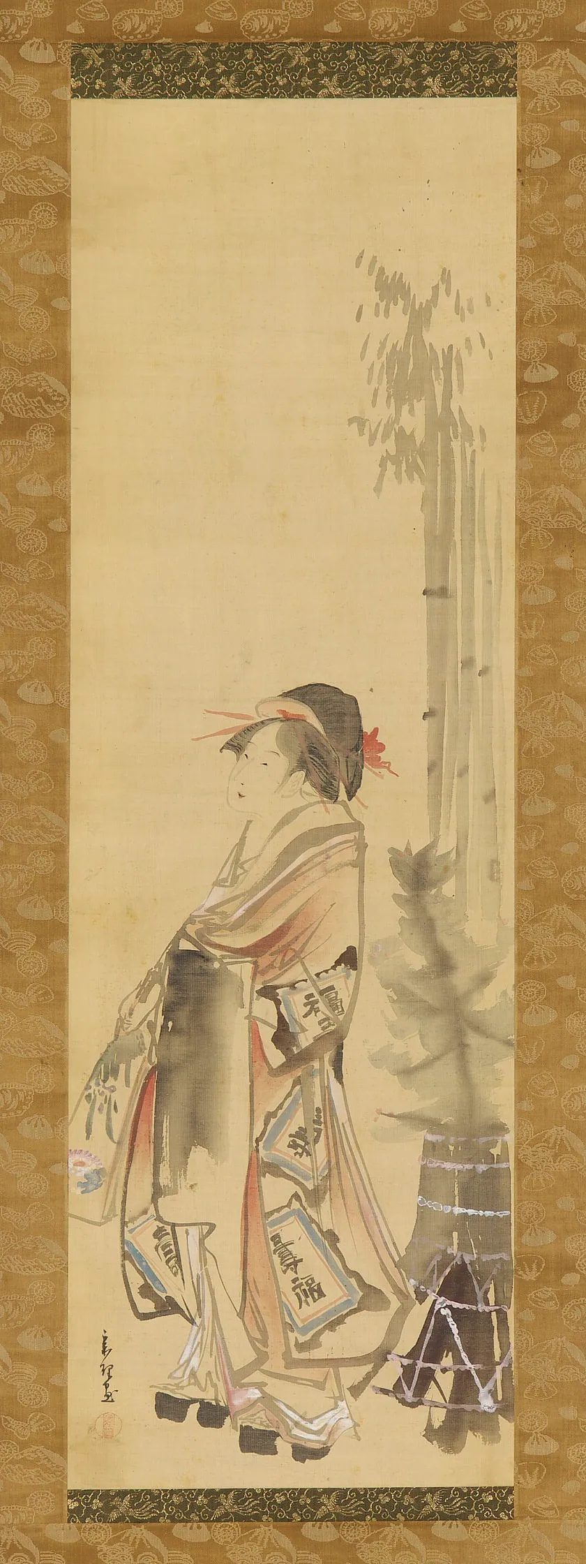 Girl playing battledore and shuttlecock by Hishikawa Sori 菱川宗理 (active 1789-1818)