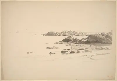 Rocklined Beach with Distant Boats