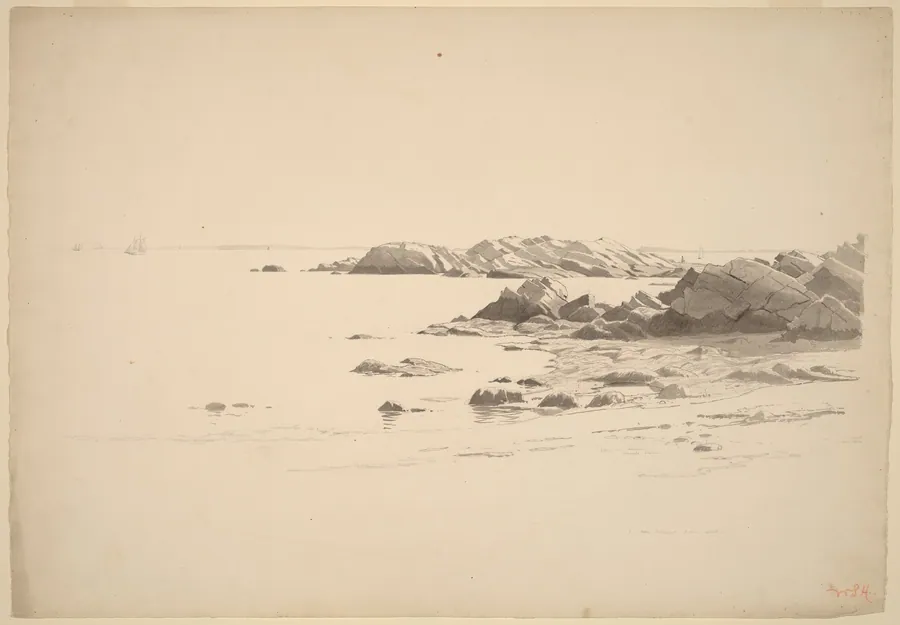Rocklined Beach with Distant Boats by William Stanley Haseltine